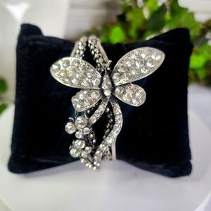 Silver Butterfly with Rhinestones Clamper / Hinge Bracelet